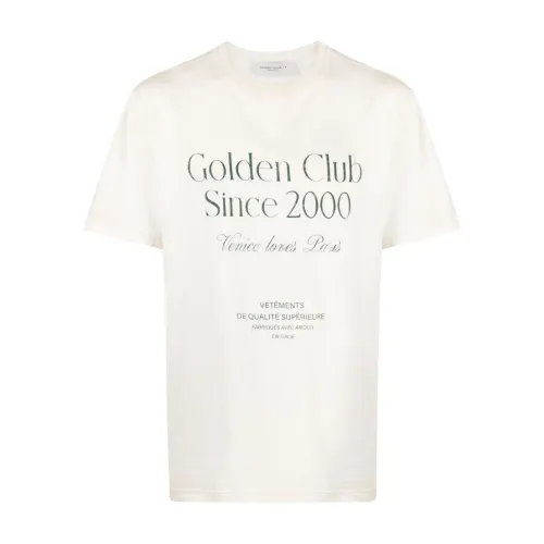 Golden Goose , Distressed Slogan Print Crew Neck T-shirt ,White male, Sizes: