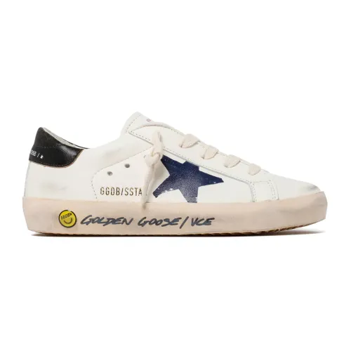 Golden Goose , Kids White and Navy Blue Super Star Sneakers ,White unisex, Sizes: