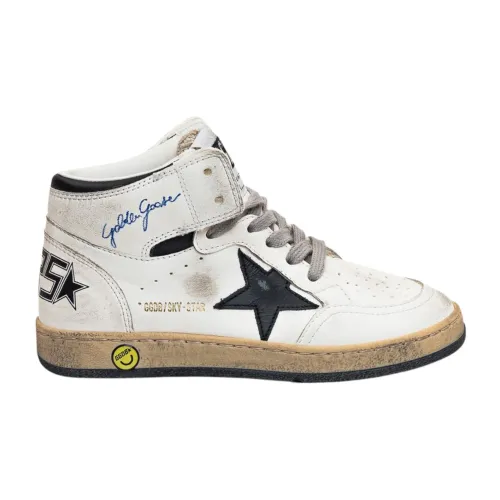 Golden Goose , White Leather High Top Sneakers with Black Star and Blue Logo ,White male, Sizes: