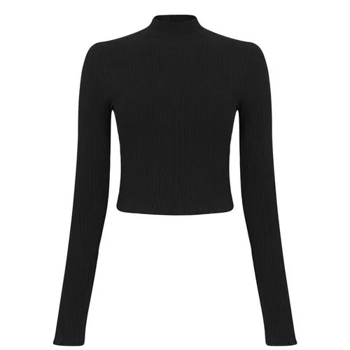 GOOD AMERICAN Ribbed Mock Neck Cropped Top - Black