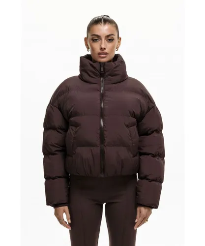 Good For Nothing Womens Brown Oversized Funnel Neck Puffer Jacket