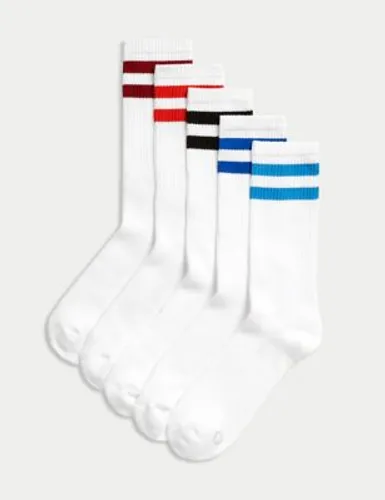 Goodmove Mens 5pk Striped Cotton Rich Cushioned Sports Socks - 6-8.5 - White Mix, White Mix