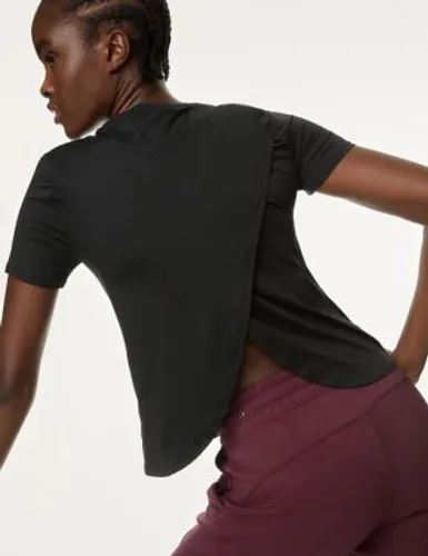 Goodmove Womens Scoop Neck Wrap Back Yoga T-Shirt - 8 - Black, Black,Pale Leaf