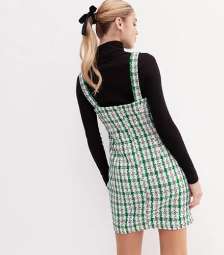 Green Check Bouclé Faux Pearl Button Strappy Pinafore Dress New Look