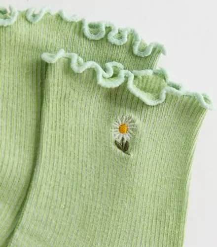 Green Daisy Embroidered Frill Trim Cotton Socks New Look