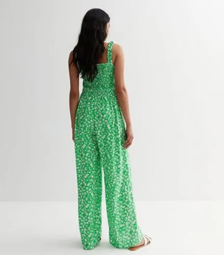 Green Ditsy Floral Ruched Strappy Jumpsuit New Look