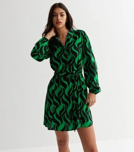 Green Geometric Doodle Print Belted Mini Shirt Dress New Look