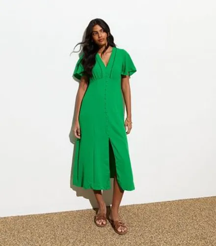 Green Lace Trim Button Front Midi Dress New Look