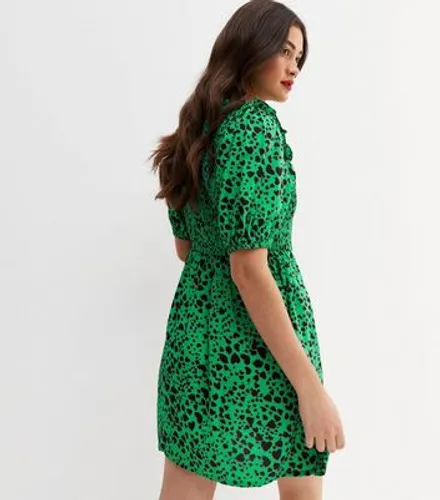 Green Leopard Print Crepe Shirred High Neck Mini Dress New Look