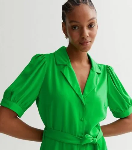Green Puff Sleeve Belted Mini Shirt Dress New Look
