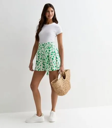 Green Retro Floral Print High Waist Paperbag Shorts New Look