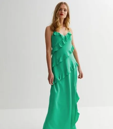 Green Satin Strappy Ruffle Maxi Dress New Look