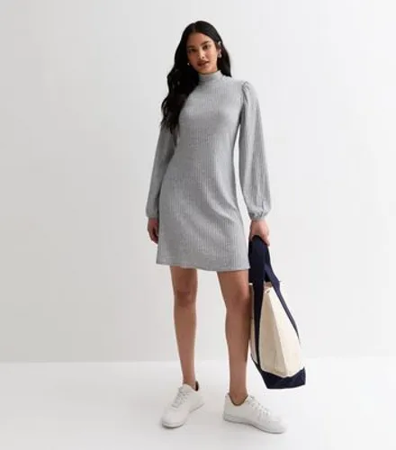 Grey Ribbed Jersey High Neck Mini Dress New Look