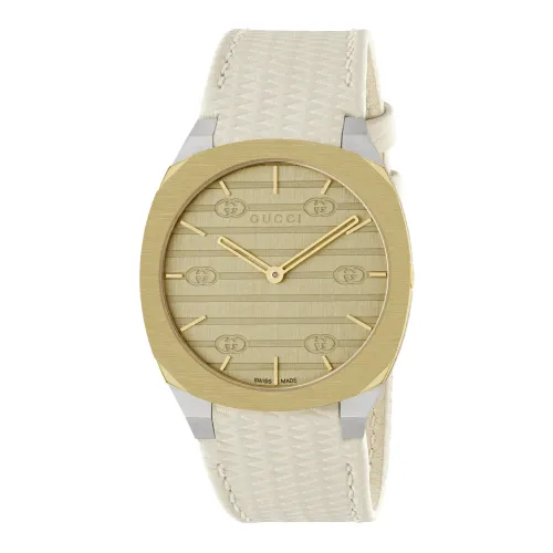 Gucci , 25H 34 mm stainless steel and 18 Kt yellow gold plated multi layered case, golden brass dial with GG, white leather strap ,Yellow female, Size...