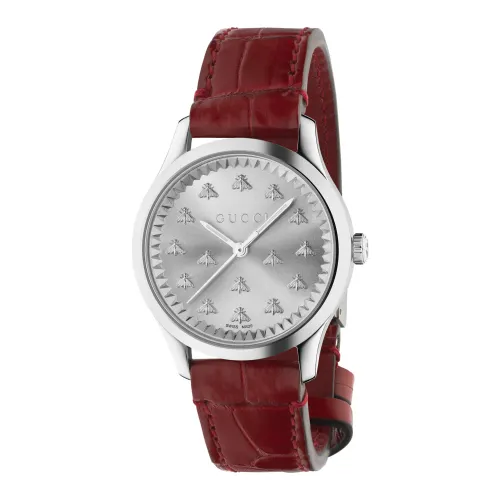 Gucci , 32 mm steel case, sunbrushed dial with bees, red colored alligator strap ,Brown female, Sizes: ONE SIZE
