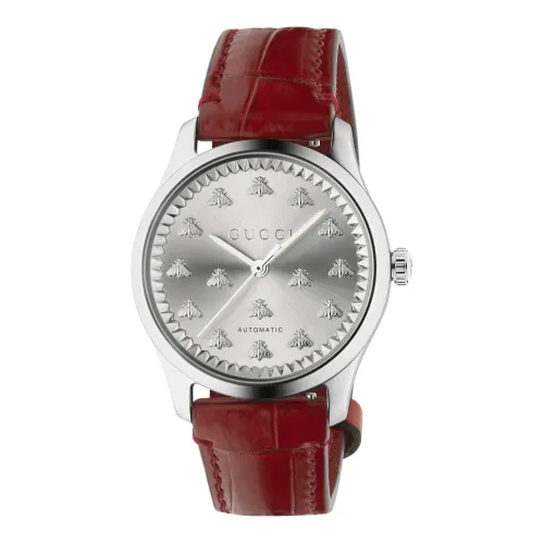 Gucci , 38 mm steel case, sunbrushed dial with bees, red colored alligator strap ,Brown female, Sizes: ONE SIZE