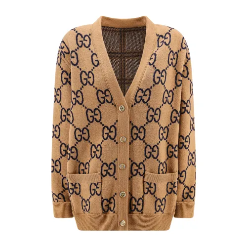 Gucci , Beige Knitwear with V-Neckline and Metal Button Closure ,Beige female, Sizes:
