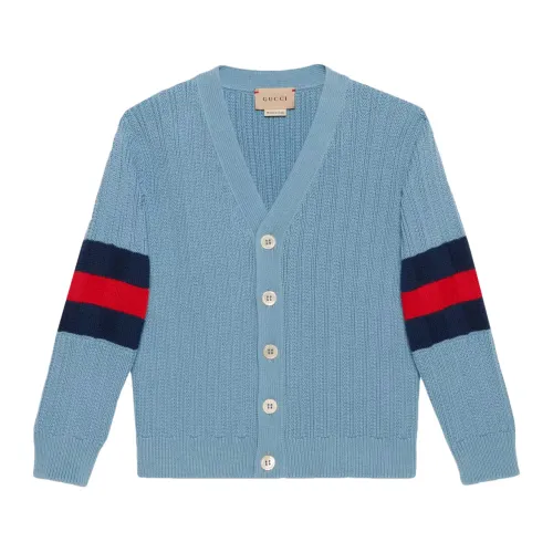 Gucci , Blue Cotton Ribbed Cardigan with Web-inspired G Square Insert ,Blue female, Sizes: