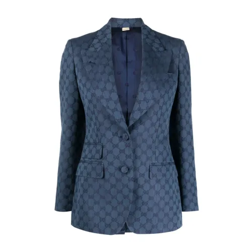 Gucci , Blue GG Pattern Linen and Cotton Jacket ,Blue female, Sizes: