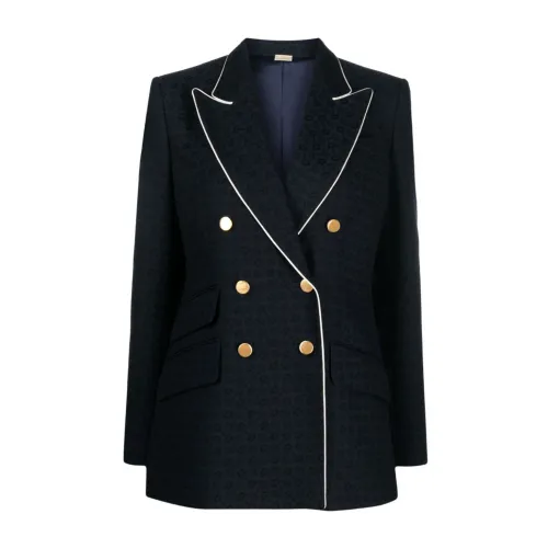Gucci , Blue Jacquard Double-Breasted Jacket with Contrast Piping ,Blue female, Sizes: