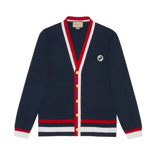 Gucci , Blue Striped Wool Cardigan with Logo Patch ,Blue male, Sizes: