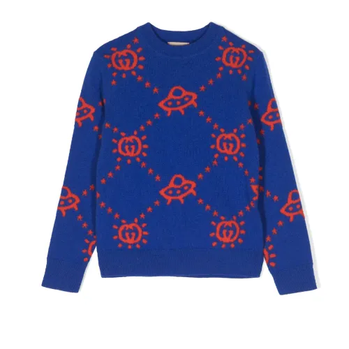 Gucci , Blue Wool Sweater with Logo Pattern ,Blue male, Sizes: