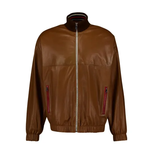 Gucci , Brown Leather Bomber Jacket ,Brown male, Sizes: