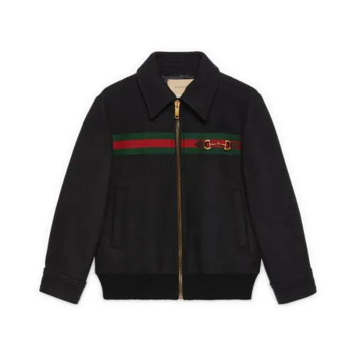Gucci , Dark Blue Wool Blend Childrens Bomber Jacket with Green and Red Web Detail ,Black male, Sizes: