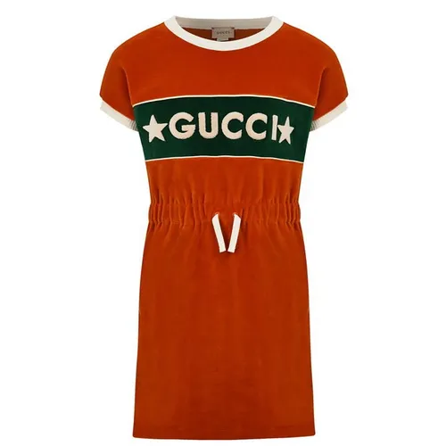 GUCCI Girls Chenille Jersey Logo Dress - Orange