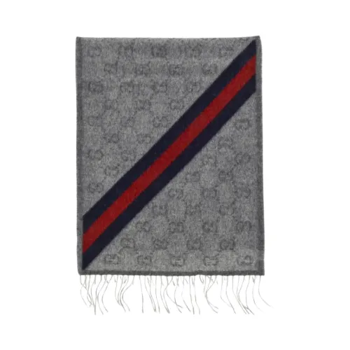 Gucci , Gray Wool GG Scarf Navy Red ,Gray female, Sizes: ONE