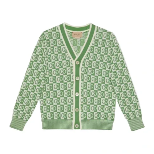 Gucci , Green Knit Kids Cardigan with GG Supreme Print ,Green male, Sizes: