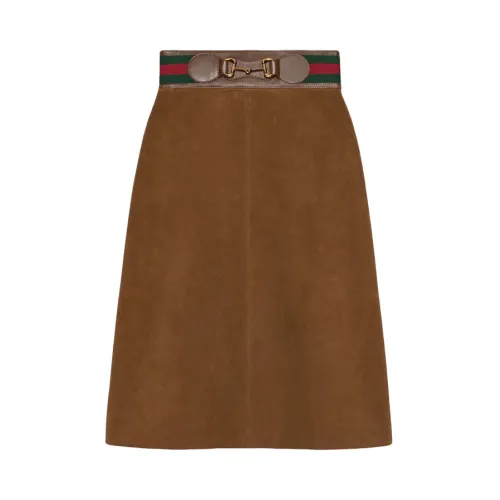 Gucci , Horsebit brown suede midi skirt ,Brown female, Sizes: