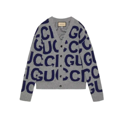 Gucci , Intarsia Wool Cardigan with Logo ,Gray male, Sizes: