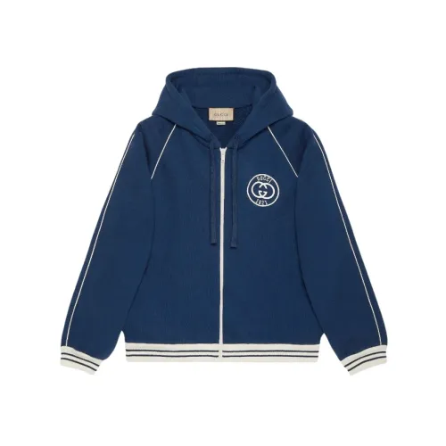 Gucci , Interlocking G logo-patch zipped hoodie ,Blue male, Sizes: