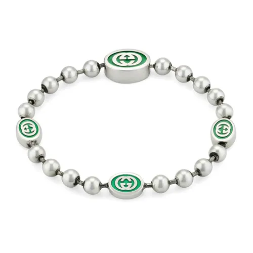 Gucci Interlocking Sterling Silver & Green Enamel Boule Bracelet - 19cm