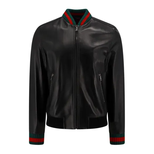 Gucci , Leather Jacket with Web Profiles ,Black male, Sizes: