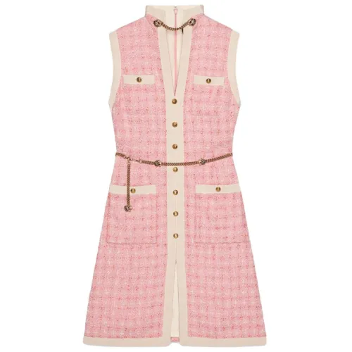 Gucci , short tweed dress with chain belt ,Pink female, Sizes: