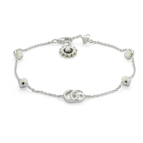 Gucci , Sterling Silver and Mother of Pearl Bracelet with Double G and Flower Details ,Gray female, Sizes: ONE SIZE