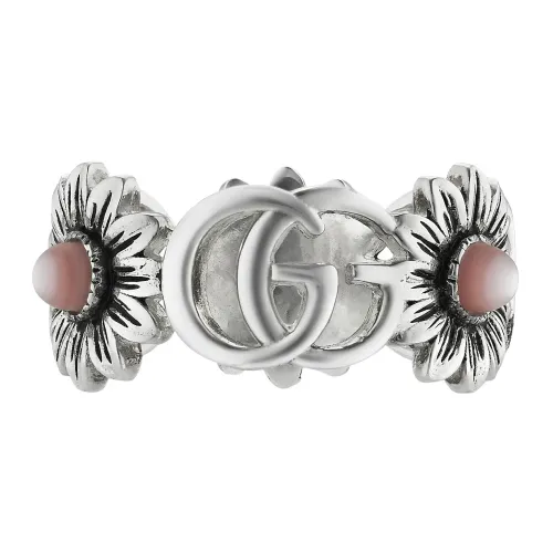 Gucci , Ybc527394002 - Sterling Silver and Pink Mother of Pearl Ring with Double G and Flower Motif ,Gray female, Sizes: 55 MM