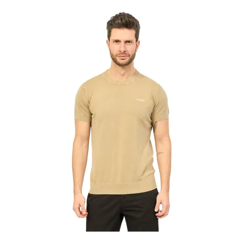 Guess , Beige Ribbed Crew Neck T-shirt ,Beige male, Sizes: