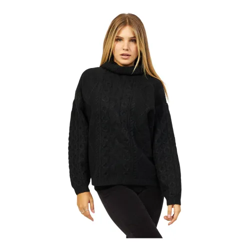 Guess , Black Wool Blend Turtleneck with High Neck ,Black female, Sizes: