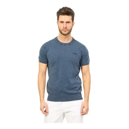 Guess , Blue Ribbed Crew Neck T-shirt ,Blue male, Sizes: