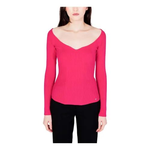 Guess , Fuchsia Low-cut V-neck Knitwear for Women ,Pink female, Sizes: