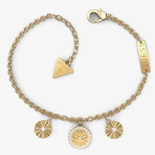 Guess Lotus Gold-Tone Crystal Three Charm Bracelet UBB01347YGL