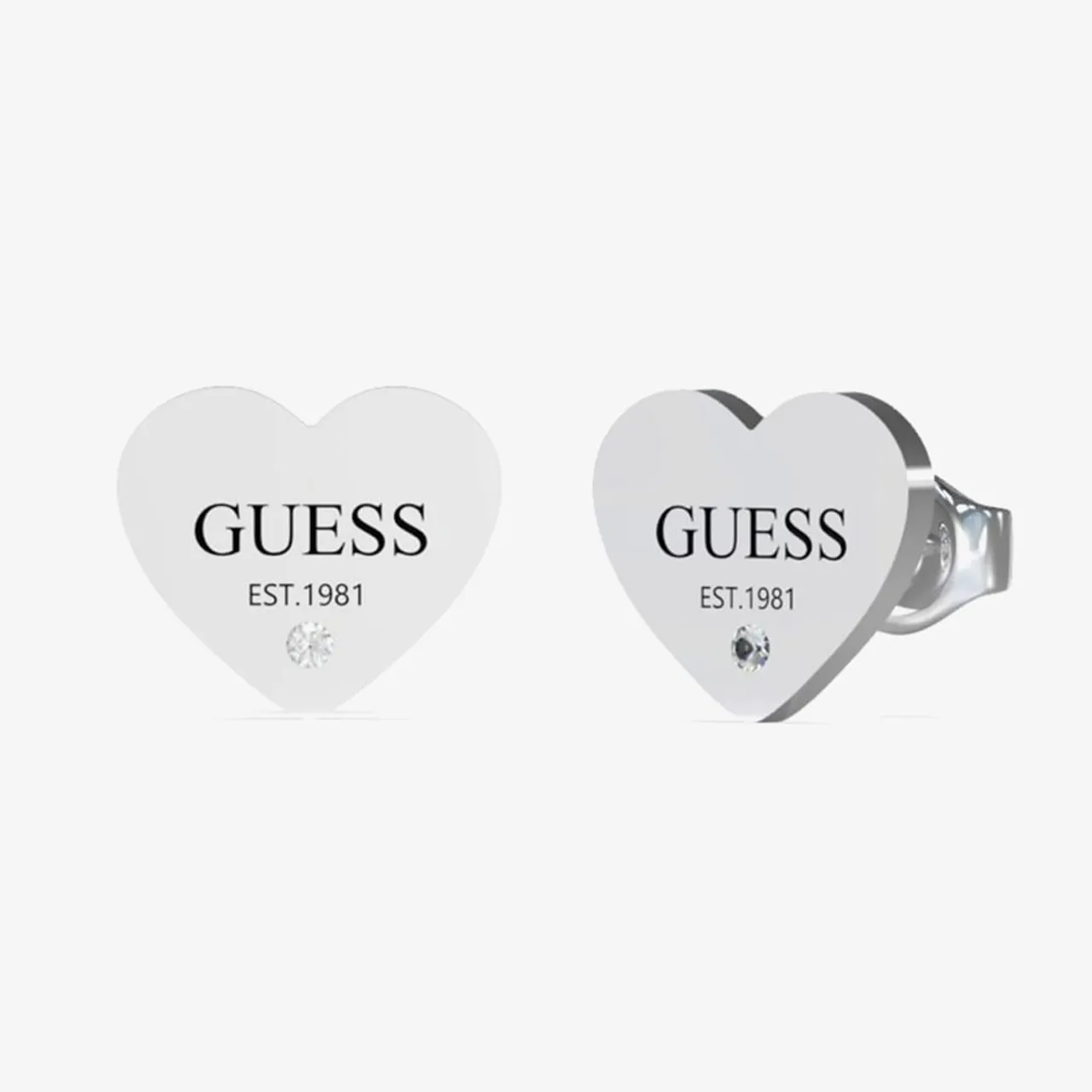 Guess Party Silver Tone Logo Heart Stud Earrings UBE02177RH