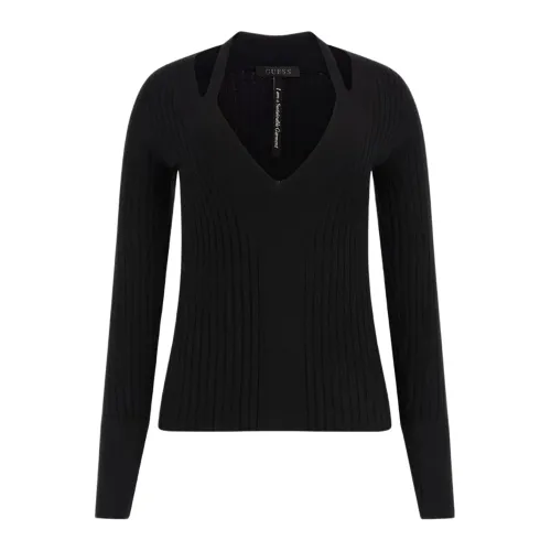 Guess , Ribbed V-Neck Sweater ,Black female, Sizes: