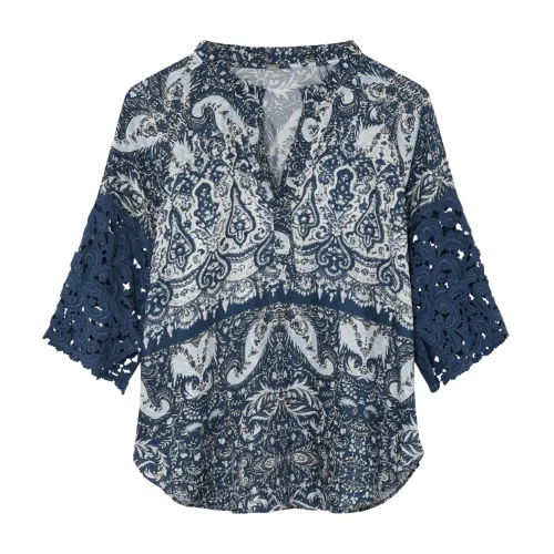 Gustav , Denimprint Blouse with Lace Sleeves ,Multicolor female, Sizes: