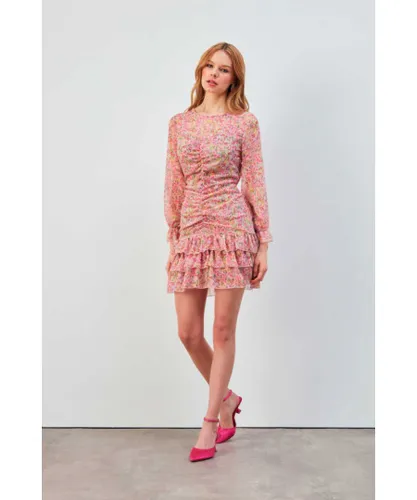 Gusto Womens Crispy Floral Patterned Tiered Dress in Pink