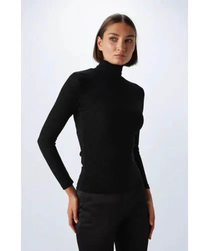 Gusto Womens High Neck Knit Top in Black