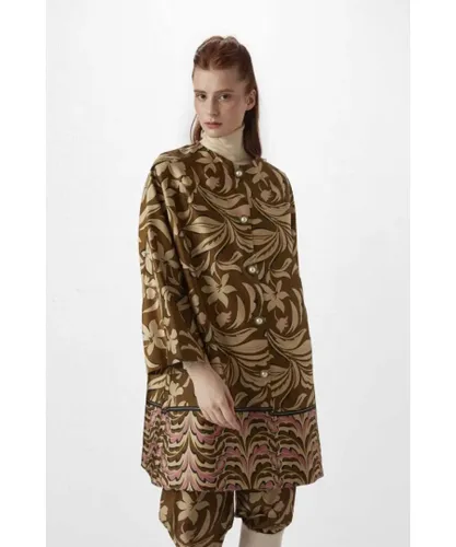 Gusto Womens Print Satin Coat With Pearl Buttons in Khaki